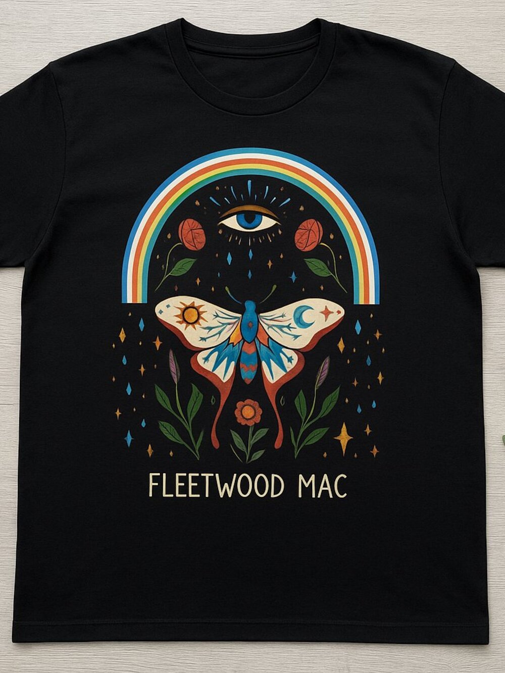 Black Mystical Rainbow Moth Graphic Tee Celestial Boho Band Style Shirt